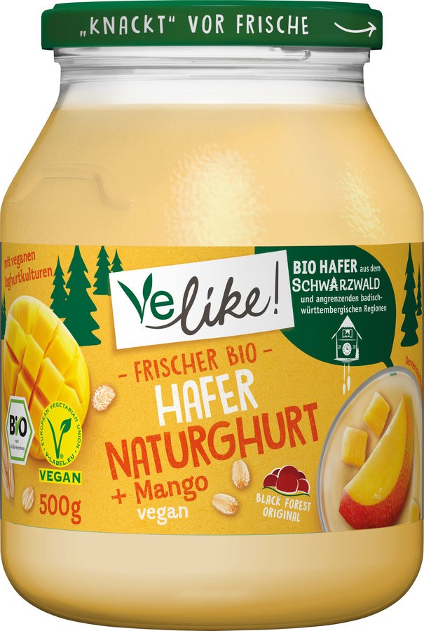 Velike! Hafer Joghurt Mango, 500 gr Glas - Der Velike! frische Bio Hafer Naturghurt + Mango - die erste frische, vegane Joghurtalternative im Mehrwegglas mit regionaler Herkunftsgarantie!
